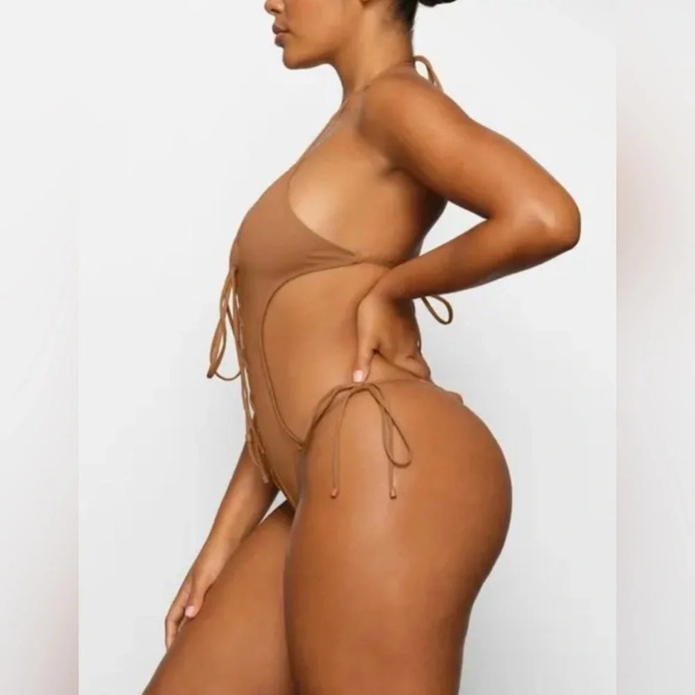 NWT SKIMS SWIM MONOKINI LACE UP SWIMSUIT IN Ochre 3X